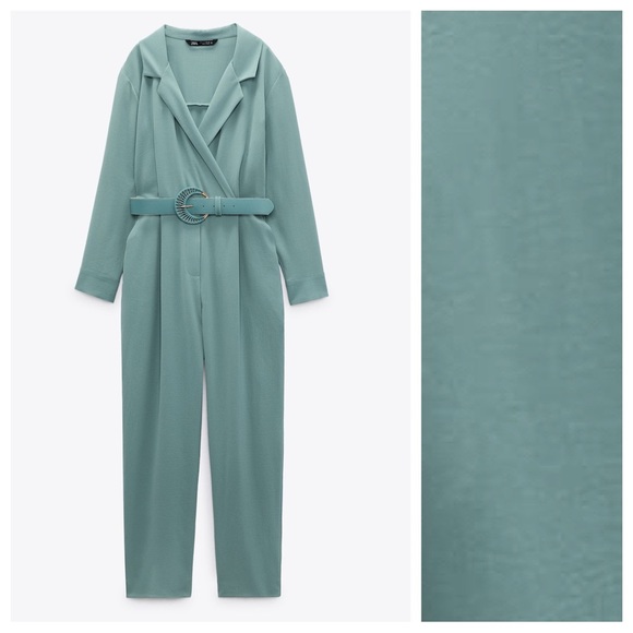 NWT. Zara Blue/Green Long Belted Jumpsuit. Size S. - Picture 6 of 11